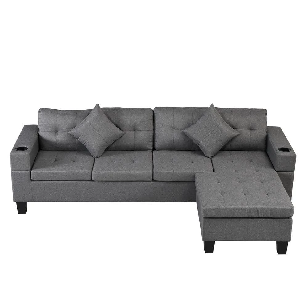 Modern 30.5 in. 4-Seater L Shaped Left or Right Facing Chaise Lounge Fabric Sectional Sofa Set in Gray With Cup Holder by sumyeg 3 Modern 30.5 in. 4-Seater L Shaped Left or Right Facing Chaise Lounge Fabric Sectional Sofa Set in Gray With Cup Holder by sumyeg