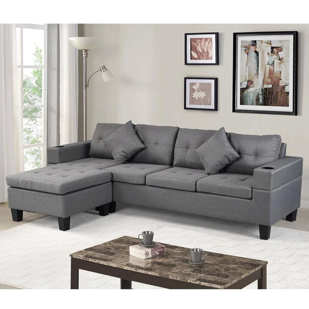 Modern 30.5 in. 4-Seater L Shaped Left or Right Facing Chaise Lounge Fabric Sectional Sofa Set in Gray With Cup Holder by sumyeg 4 Modern 30.5 in. 4-Seater L Shaped Left or Right Facing Chaise Lounge Fabric Sectional Sofa Set in Gray With Cup Holder by sumyeg - Image 2
