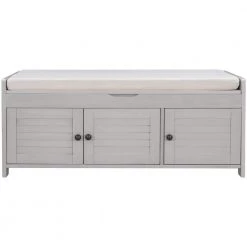 Gray Wash Storage Bench with Removable Cushion and 3 Shutter-shaped Doors by Polibi