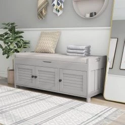 Gray Wash Storage Bench with Removable Cushion and 3 Shutter-shaped Doors by Polibi 24 Gray Wash Storage Bench with Removable Cushion and 3 Shutter-shaped Doors by Polibi -Cheap sumyeg Store gray wash polibi dining benches rs sbrc3d gw 76 1000