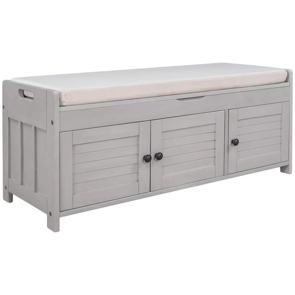 Gray Wash Storage Bench with Removable Cushion and 3 Shutter-shaped Doors by Polibi 8 Gray Wash Storage Bench with Removable Cushion and 3 Shutter-shaped Doors by Polibi - Image 6
