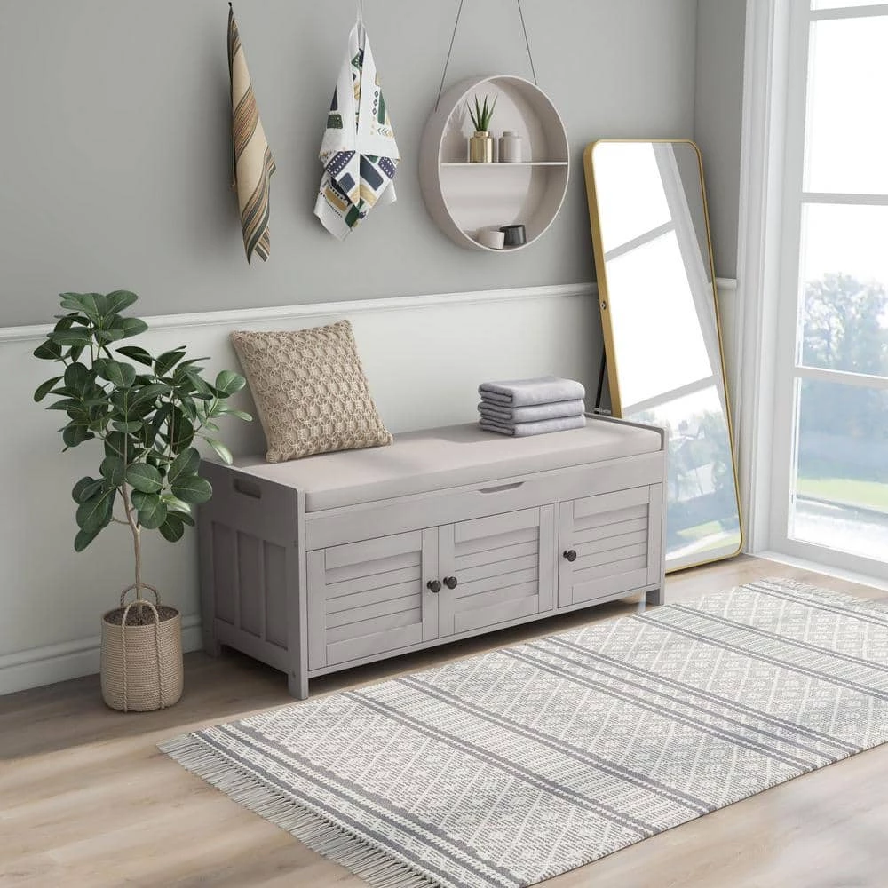 Gray Wash Storage Bench with Removable Cushion and 3 Shutter-shaped Doors by Polibi 4 Gray Wash Storage Bench with Removable Cushion and 3 Shutter-shaped Doors by Polibi - Image 2