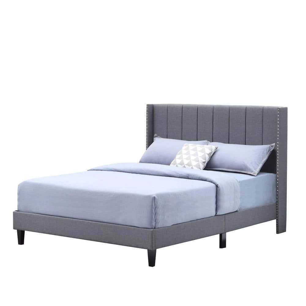 Gray Wood Frame Bed Frame Queen Platform Bed with Wingback Headboard and Slats by sumyeg 5 Gray Wood Frame Bed Frame Queen Platform Bed with Wingback Headboard and Slats by sumyeg - Image 3