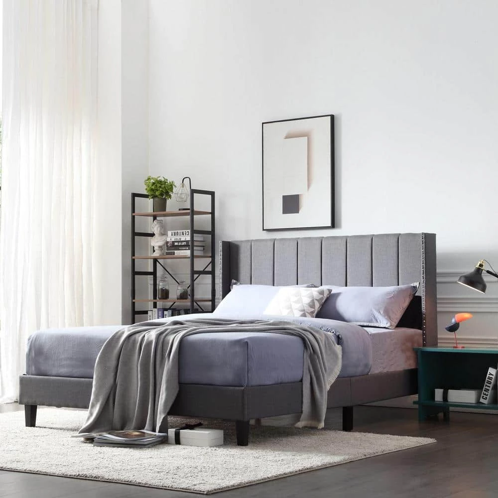 Gray Wood Frame Bed Frame Queen Platform Bed with Wingback Headboard and Slats by sumyeg 4 Gray Wood Frame Bed Frame Queen Platform Bed with Wingback Headboard and Slats by sumyeg - Image 2