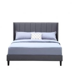 Modern Grey Wood Queen Platform Bed Frame Set Bed Base with Beds Headboard and Wings and Slats by sumyeg