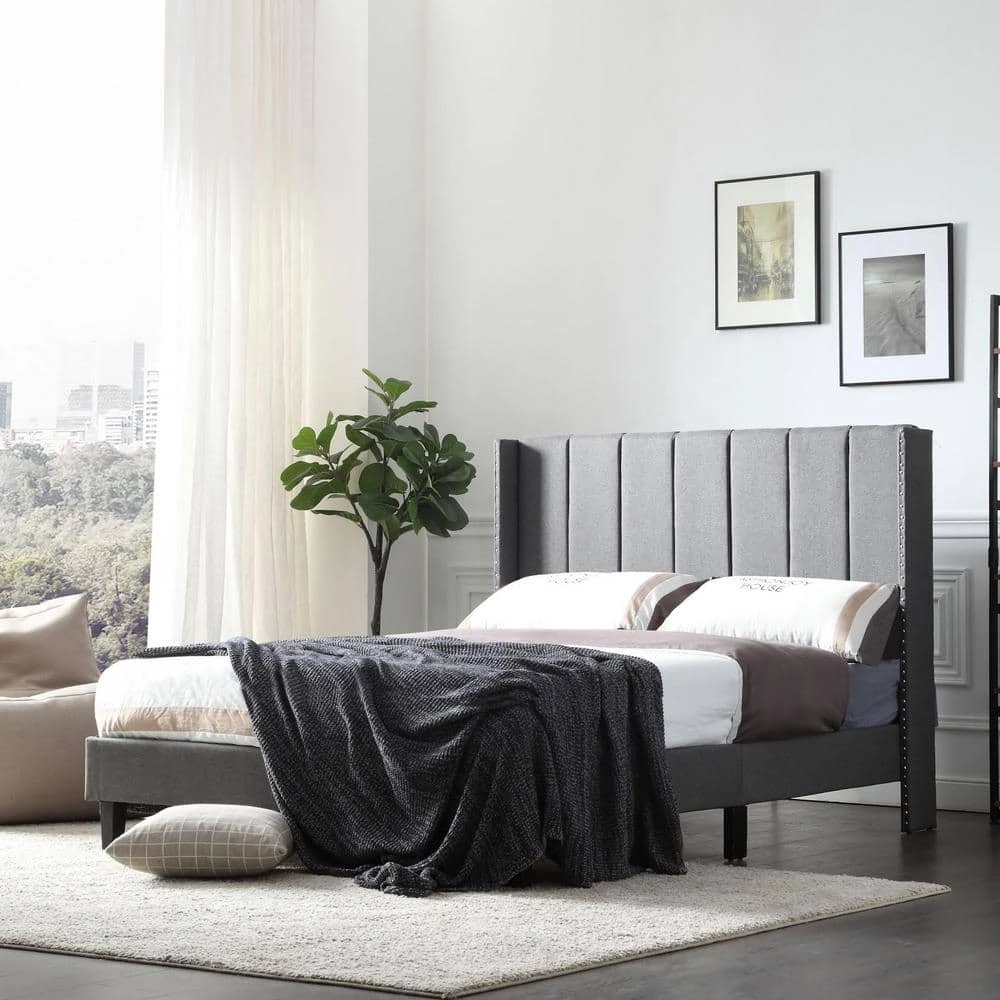 Gray Wood Frame Bed Frame Set Full Platform Bed with Wingback Headboard and Slats by sumyeg 8 Gray Wood Frame Bed Frame Set Full Platform Bed with Wingback Headboard and Slats by sumyeg - Image 6