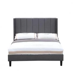 Gray Wood Frame Bed Frame Set Full Platform Bed with Wingback Headboard and Slats by sumyeg