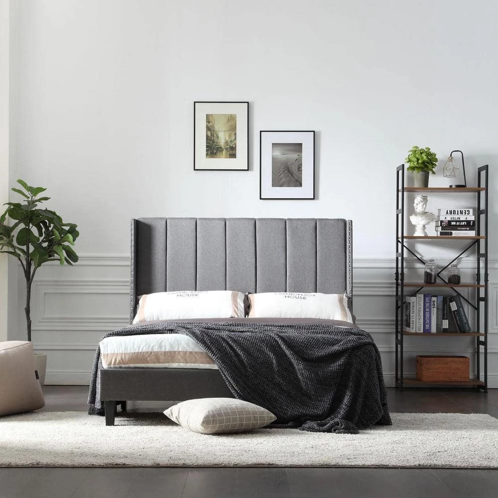 Standard Grey Full Size Metal and Wood Platform Bed Frame Set Bed Base with Upholstered Headboard by sumyeg 4 Standard Grey Full Size Metal and Wood Platform Bed Frame Set Bed Base with Upholstered Headboard by sumyeg - Image 2