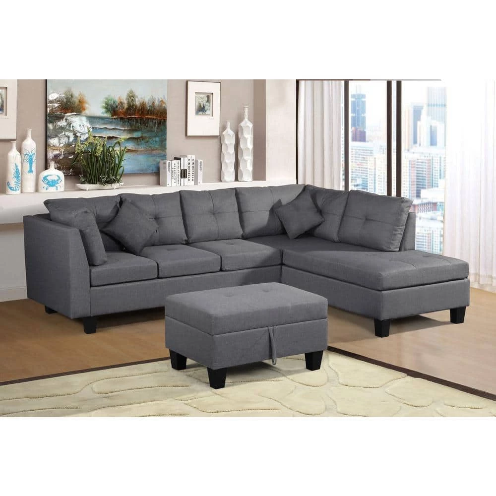 79.6 in. 3-Piece Modern Fabric L-Shaped Chaise Lounge Sectional Sofa Set For Living Room in Grey with Storage Ottoman by sumyeg 9 79.6 in. 3-Piece Modern Fabric L-Shaped Chaise Lounge Sectional Sofa Set For Living Room in Grey with Storage Ottoman by sumyeg - Image 7