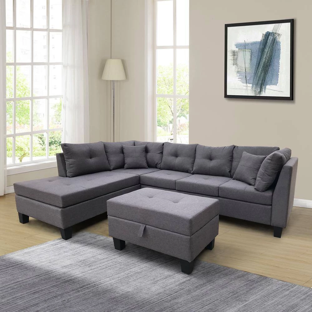 Modern 79.6 in. Linen L-Shaped Left Facing Chaise Lounge Sectional Sofa Set in Gray With Storage Ottoman by sumyeg 9 Modern 79.6 in. Linen L-Shaped Left Facing Chaise Lounge Sectional Sofa Set in Gray With Storage Ottoman by sumyeg - Image 7