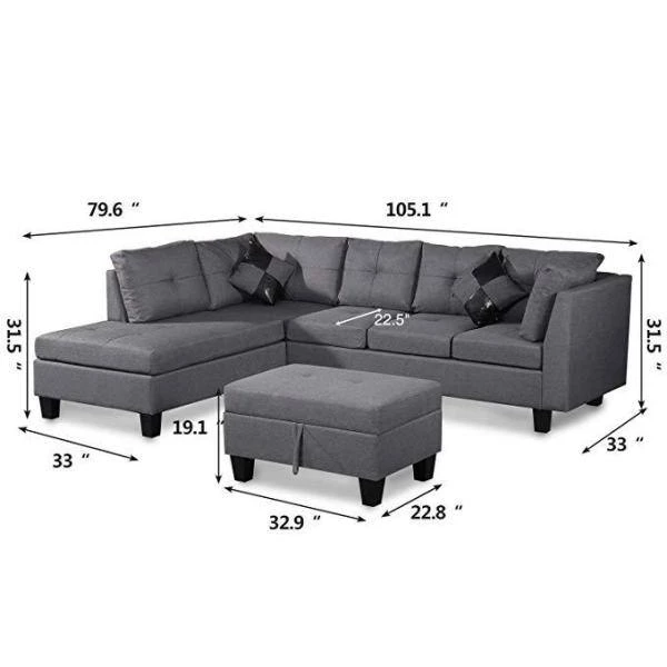 Modern 79.6 in. Linen L-Shaped Left Facing Chaise Lounge Sectional Sofa Set in Gray With Storage Ottoman by sumyeg 8 Modern 79.6 in. Linen L-Shaped Left Facing Chaise Lounge Sectional Sofa Set in Gray With Storage Ottoman by sumyeg - Image 6