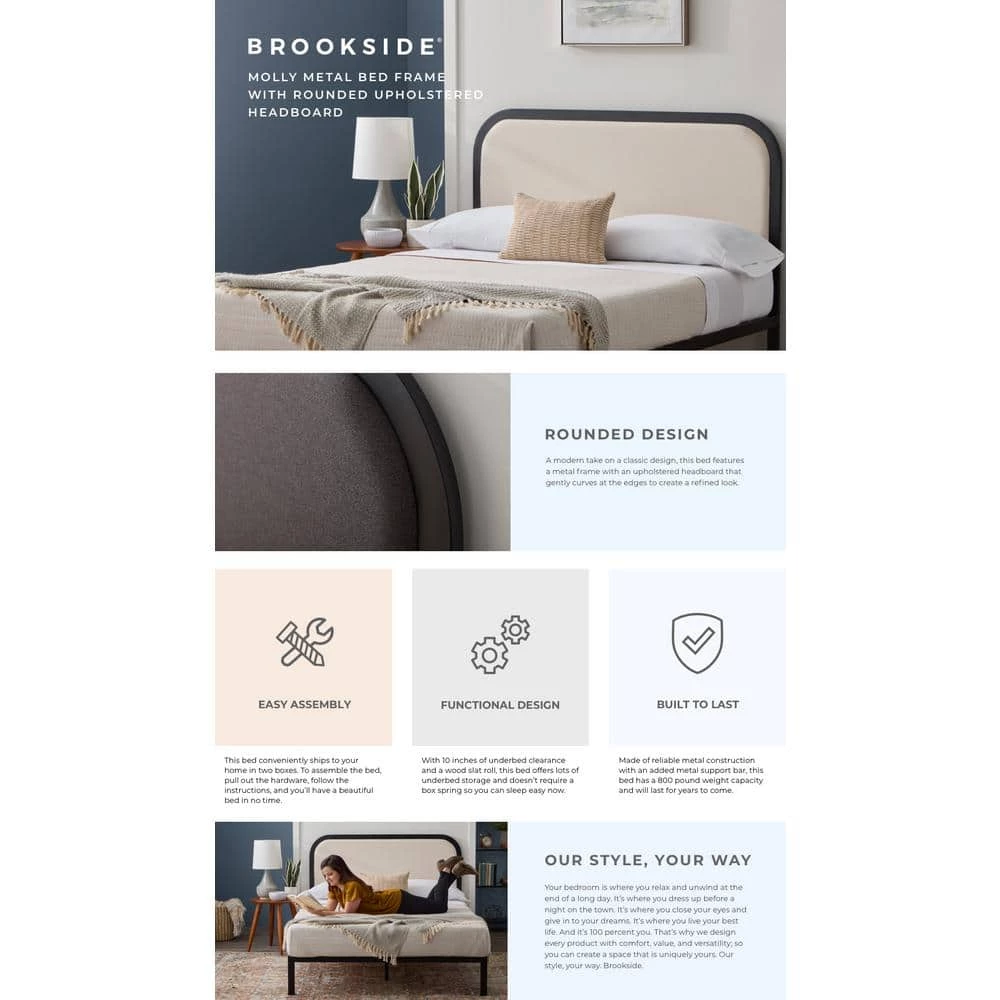 Molly 60 in. W Ivory Queen Metal Frame with Rounded Upholstered Platform Bed by Brookside 7 Molly 60 in. W Ivory Queen Metal Frame with Rounded Upholstered Platform Bed by Brookside - Image 5