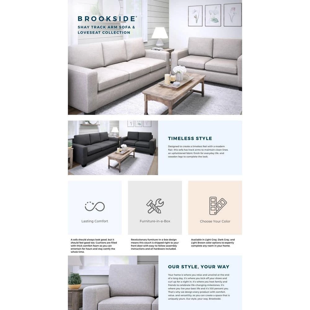 Shay 83 in. Light Brown Polyester Upholstered 3-Seater Track Arm Sofa with Square Arms by Brookside 8 Shay 83 in. Light Brown Polyester Upholstered 3-Seater Track Arm Sofa with Square Arms by Brookside - Image 6