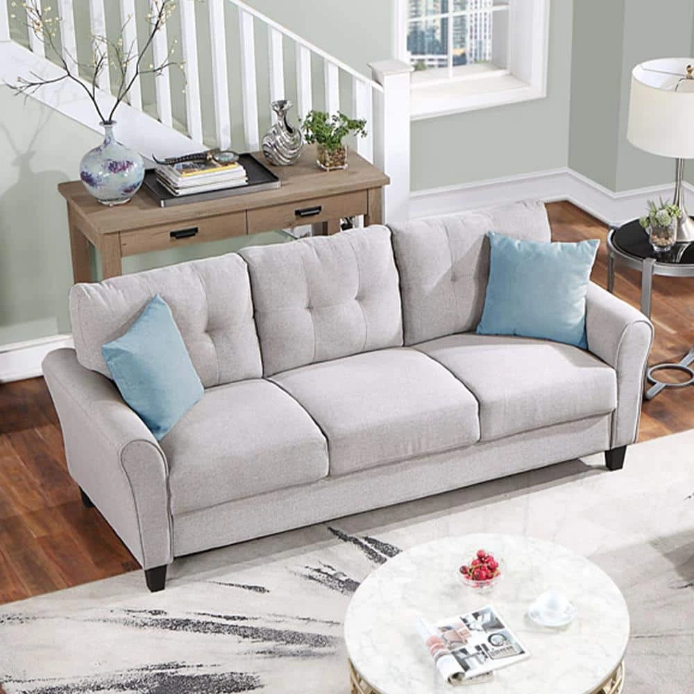 79.90 in. W Square Arm Linen Upholstered 3-Seat Straight Sofa in Light Gray by Polibi 4 79.90 in. W Square Arm Linen Upholstered 3-Seat Straight Sofa in Light Gray by Polibi - Image 2