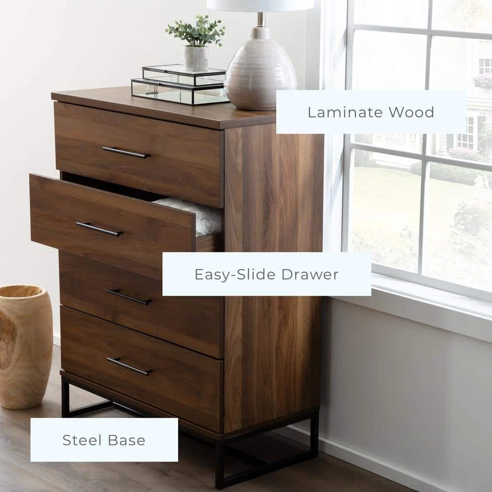 Eleanor 4-Drawer Medium Walnut Contemporary Dresser 42 in. H x 32 in. W x 16 in. L by Brookside 7 Eleanor 4-Drawer Medium Walnut Contemporary Dresser 42 in. H x 32 in. W x 16 in. L by Brookside - Image 5