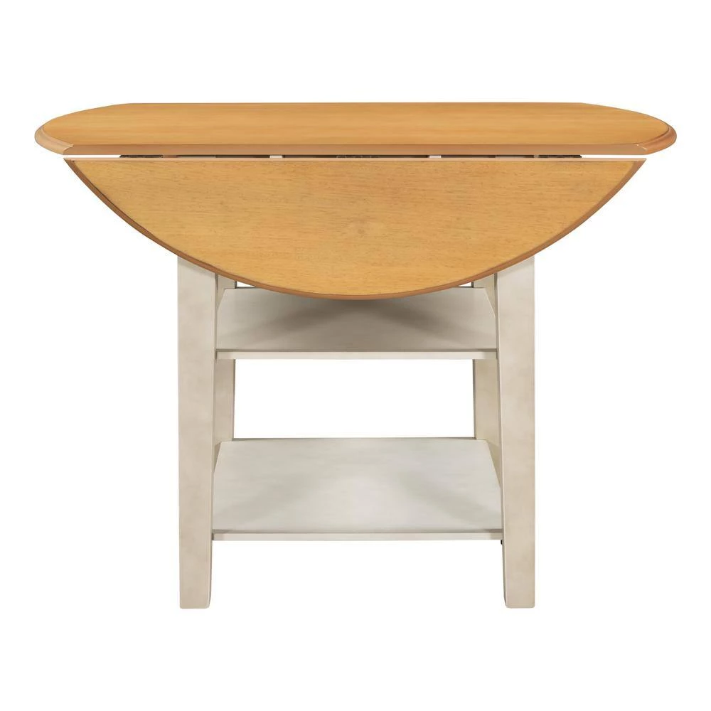 42.30 in. Farmhouse Round Natural + Distressed White Wood Top Dining Table with Drop Leaf and 2-tier Shelves(Seats 4) by Polibi 9 42.30 in. Farmhouse Round Natural + Distressed White Wood Top Dining Table with Drop Leaf and 2-tier Shelves(Seats 4) by Polibi - Image 7