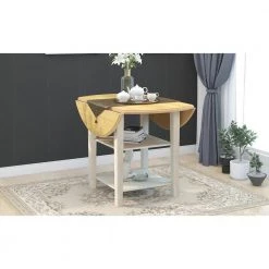 42.30 in. Farmhouse Round Natural + Distressed White Wood Top Dining Table with Drop Leaf and 2-tier Shelves(Seats 4) by Polibi 21 42.30 in. Farmhouse Round Natural + Distressed White Wood Top Dining Table with Drop Leaf and 2-tier Shelves(Seats 4) by Polibi -Cheap sumyeg Store natural distressed white polibi kitchen dining tables rs frnddt 31 1000