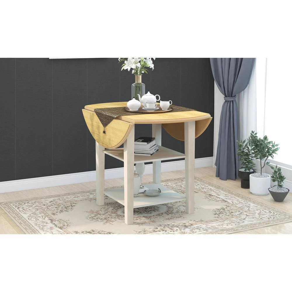 42.30 in. Farmhouse Round Natural + Distressed White Wood Top Dining Table with Drop Leaf and 2-tier Shelves(Seats 4) by Polibi 12 42.30 in. Farmhouse Round Natural + Distressed White Wood Top Dining Table with Drop Leaf and 2-tier Shelves(Seats 4) by Polibi - Image 10