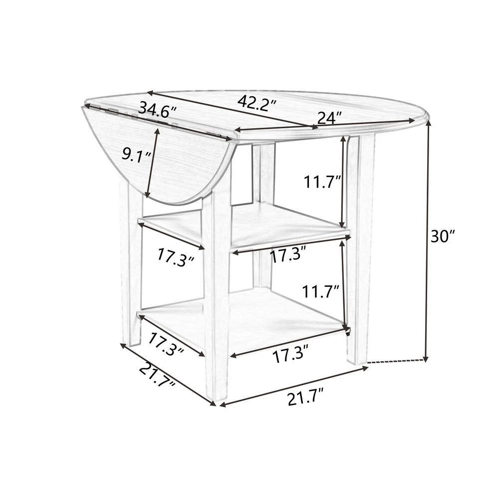 42.30 in. Farmhouse Round Natural + Distressed White Wood Top Dining Table with Drop Leaf and 2-tier Shelves(Seats 4) by Polibi 5 42.30 in. Farmhouse Round Natural + Distressed White Wood Top Dining Table with Drop Leaf and 2-tier Shelves(Seats 4) by Polibi - Image 3