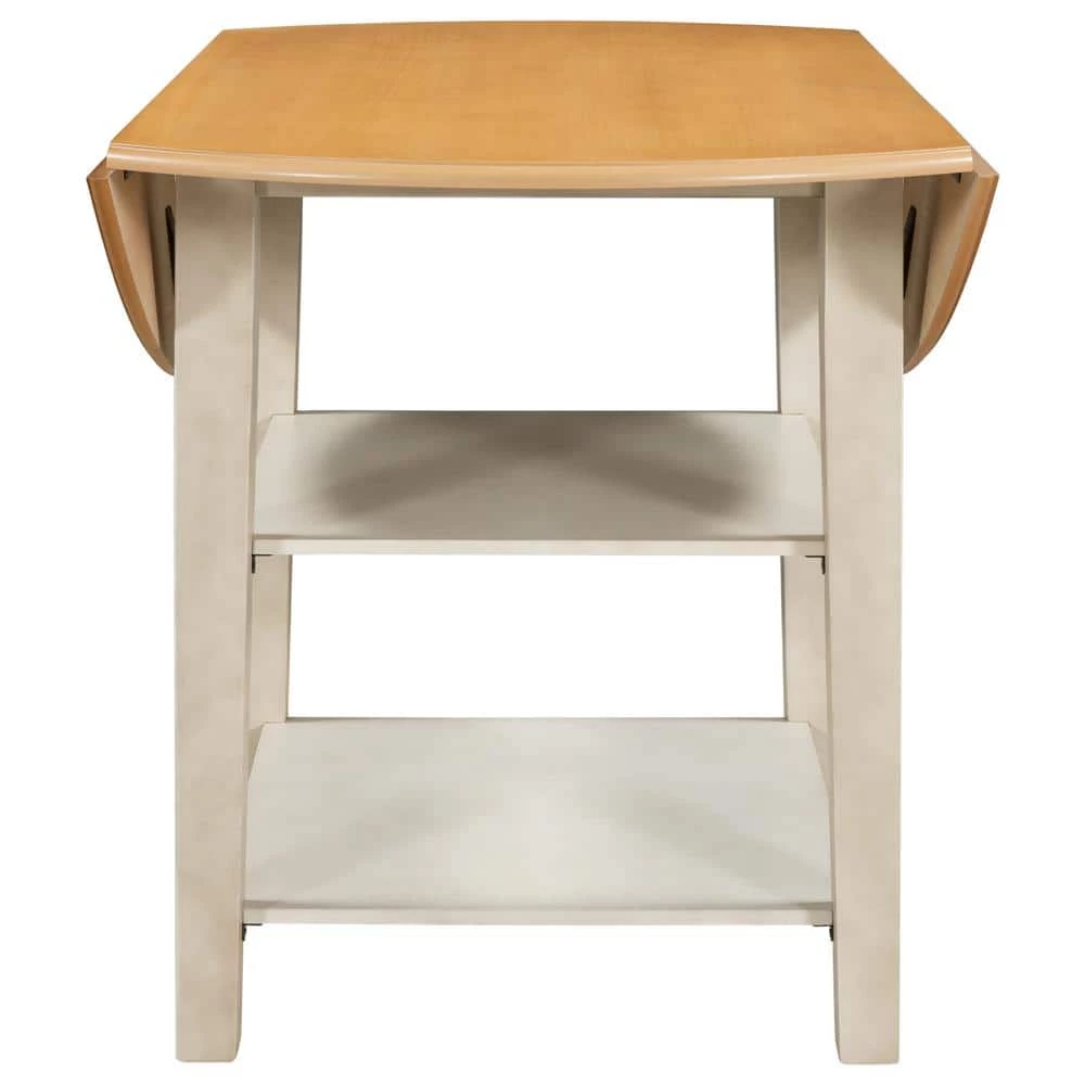 42.30 in. Farmhouse Round Natural + Distressed White Wood Top Dining Table with Drop Leaf and 2-tier Shelves(Seats 4) by Polibi 8 42.30 in. Farmhouse Round Natural + Distressed White Wood Top Dining Table with Drop Leaf and 2-tier Shelves(Seats 4) by Polibi - Image 6