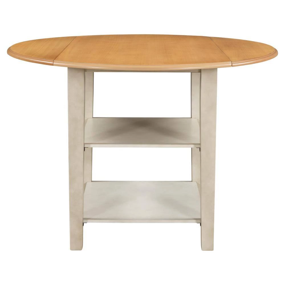 42.30 in. Farmhouse Round Natural + Distressed White Wood Top Dining Table with Drop Leaf and 2-tier Shelves(Seats 4) by Polibi 7 42.30 in. Farmhouse Round Natural + Distressed White Wood Top Dining Table with Drop Leaf and 2-tier Shelves(Seats 4) by Polibi - Image 5