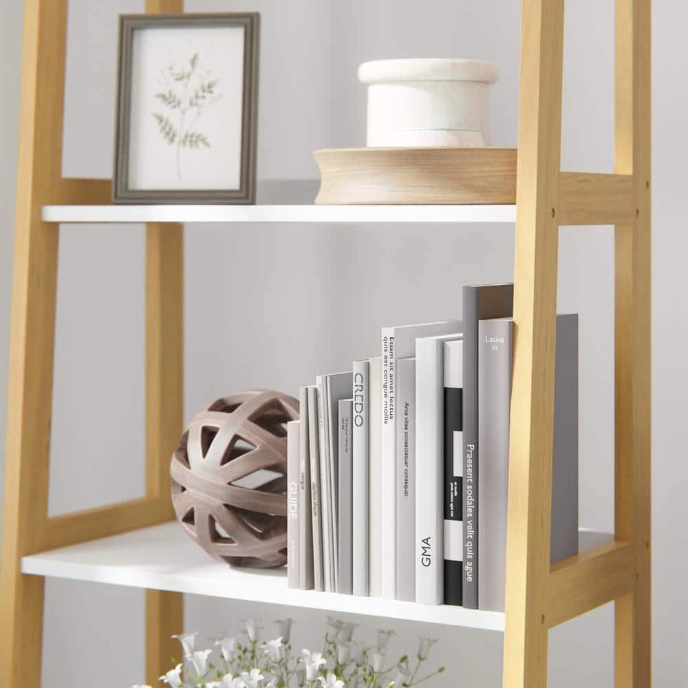 Annabelle 67 in. Natural and White Wood 5-Shelf Tier Ladder Bookcase by Brookside 14 Annabelle 67 in. Natural and White Wood 5-Shelf Tier Ladder Bookcase by Brookside - Image 12