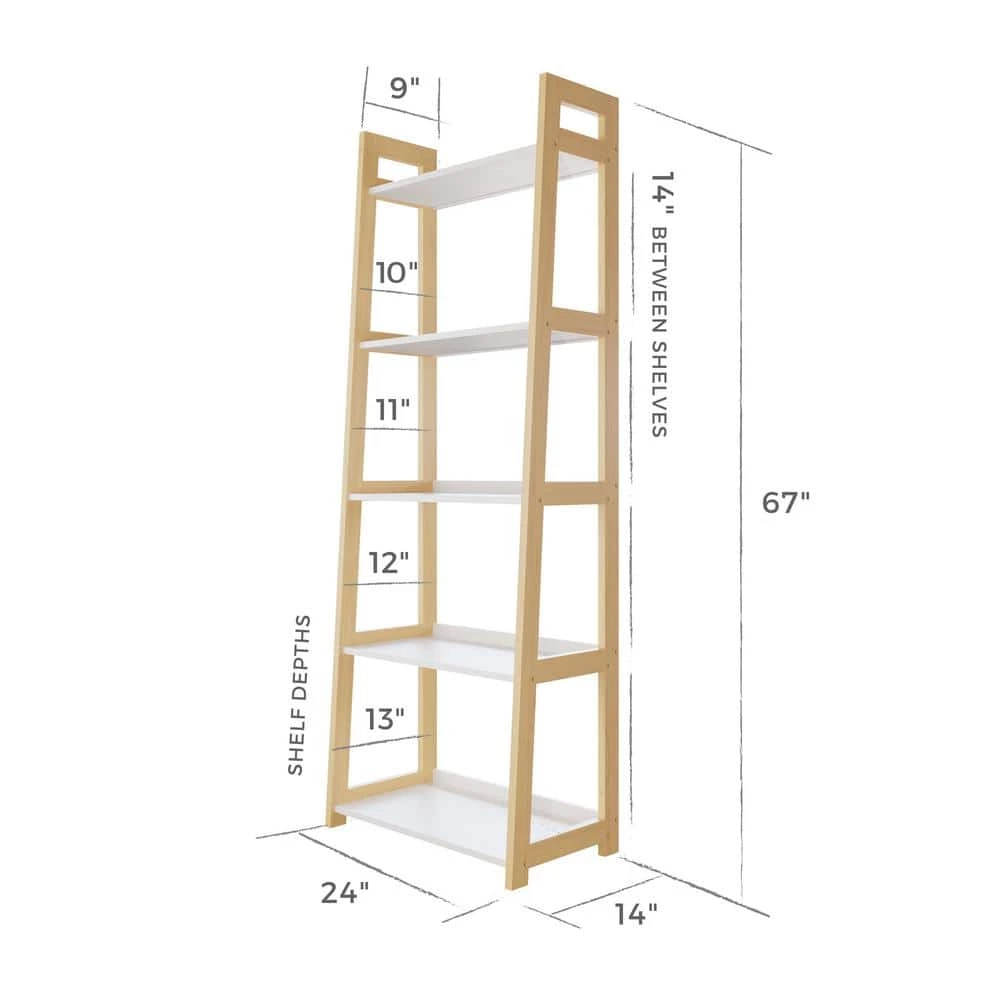 Annabelle 67 in. Natural and White Wood 5-Shelf Tier Ladder Bookcase by Brookside 8 Annabelle 67 in. Natural and White Wood 5-Shelf Tier Ladder Bookcase by Brookside - Image 6