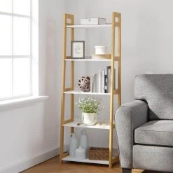 Annabelle 67 in. Natural and White Wood 5-Shelf Tier Ladder Bookcase by Brookside
