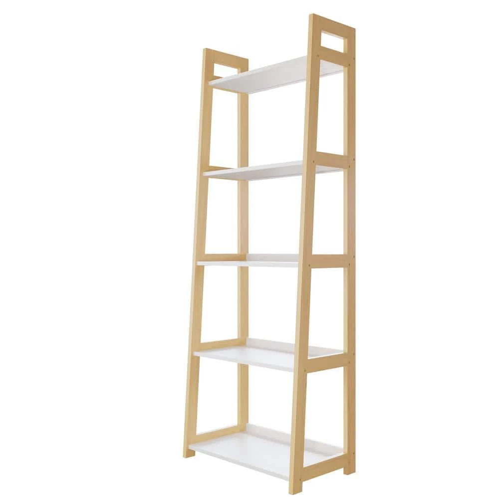 Annabelle 67 in. Natural and White Wood 5-Shelf Tier Ladder Bookcase by Brookside 4 Annabelle 67 in. Natural and White Wood 5-Shelf Tier Ladder Bookcase by Brookside - Image 2