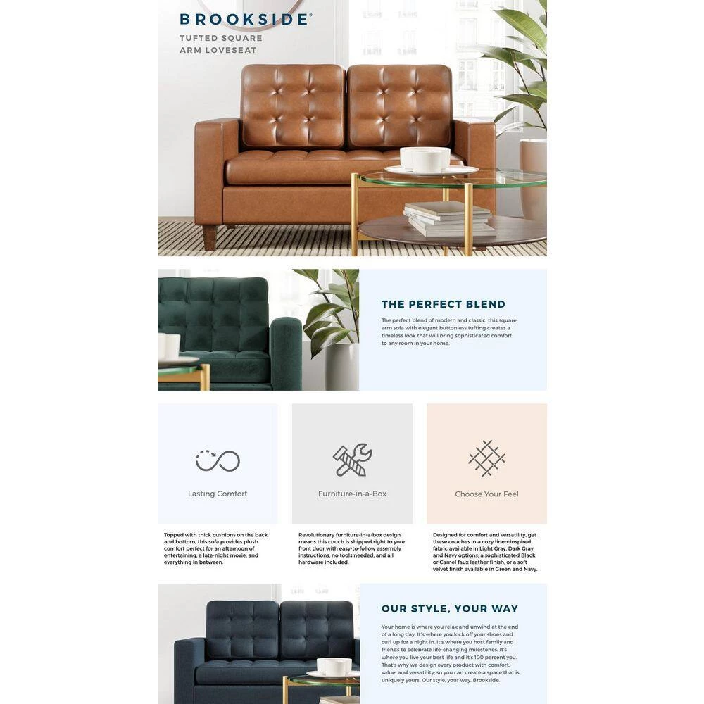 Brynn 60 in. Navy Polyester Upholstered 2 Seat Square Arm Loveseats with Buttonless Tufting by Brookside 8 Brynn 60 in. Navy Polyester Upholstered 2 Seat Square Arm Loveseats with Buttonless Tufting by Brookside - Image 6