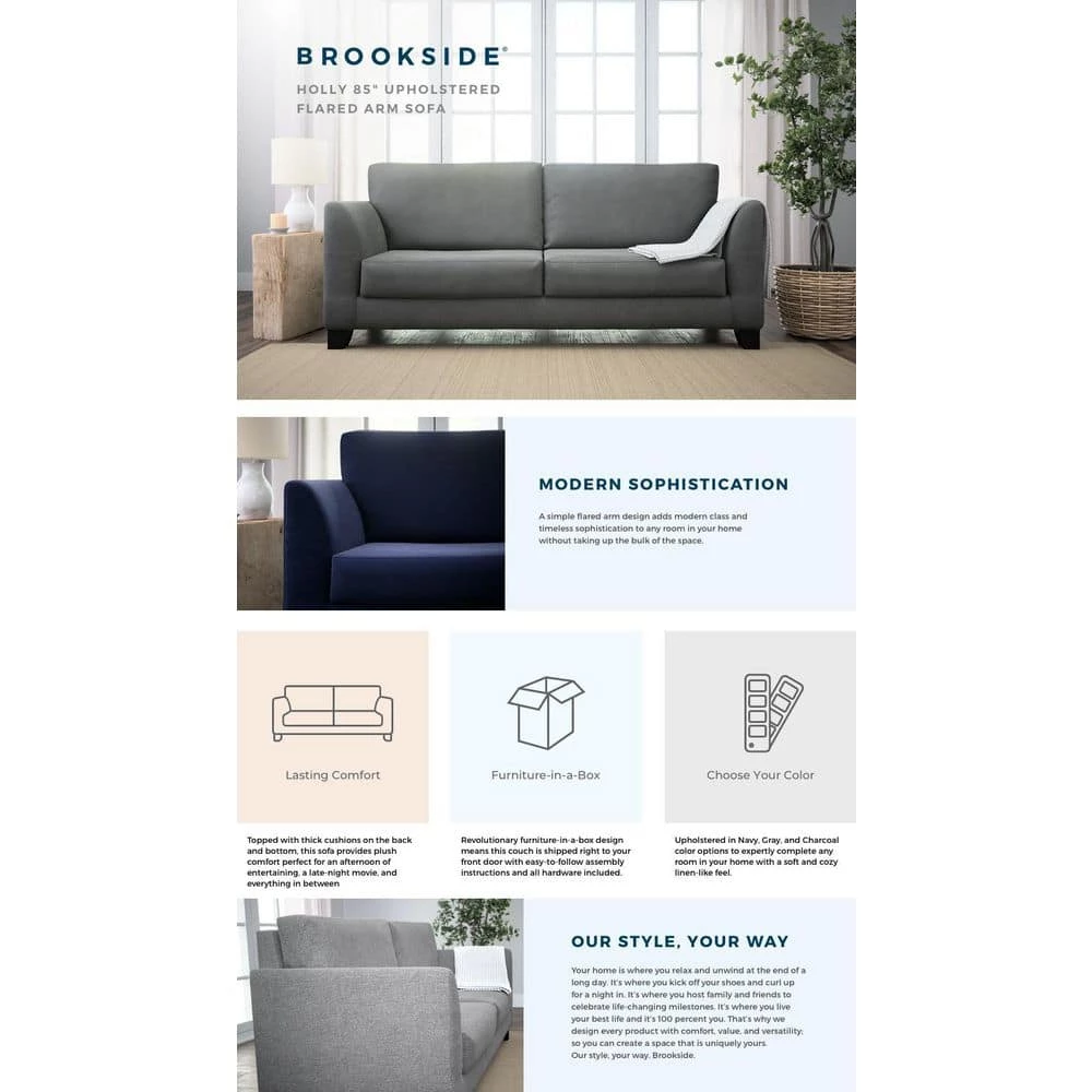 Holly 85 in. Navy Polyester Upholstered 3-Seater Flared Arm Sofa by Brookside 8 Holly 85 in. Navy Polyester Upholstered 3-Seater Flared Arm Sofa by Brookside - Image 6