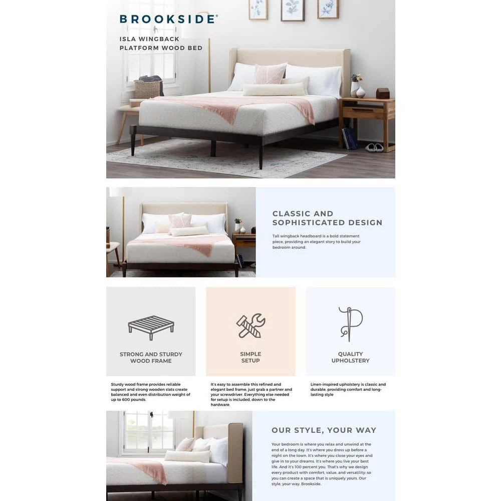 Isla Queen Upholstered Wingback Wood Platform Bed Frame by Brookside 6 Isla Queen Upholstered Wingback Wood Platform Bed Frame by Brookside - Image 4