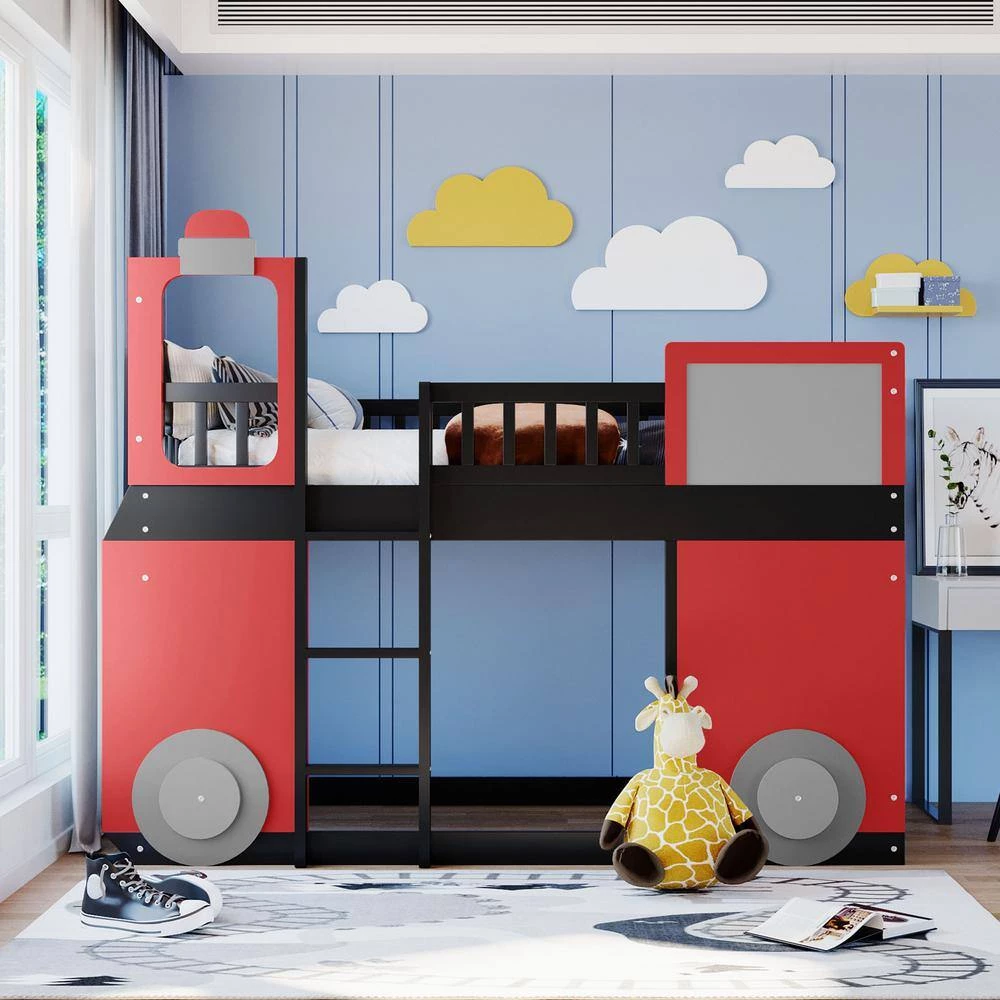 Red Twin size Loft Bed Wooden Bed with Train Shape Design by Polibi 13 Red Twin size Loft Bed Wooden Bed with Train Shape Design by Polibi - Image 11