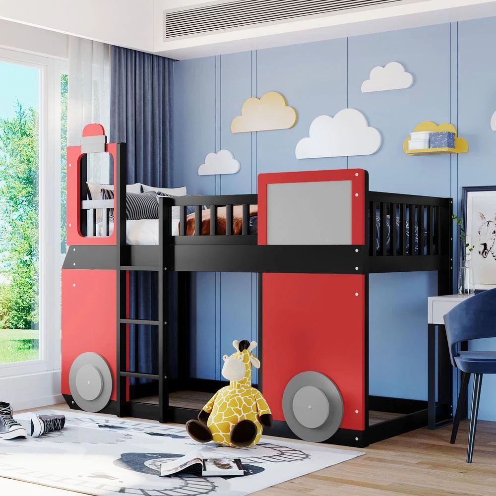 Red Twin size Loft Bed Wooden Bed with Train Shape Design by Polibi 4 Red Twin size Loft Bed Wooden Bed with Train Shape Design by Polibi - Image 2