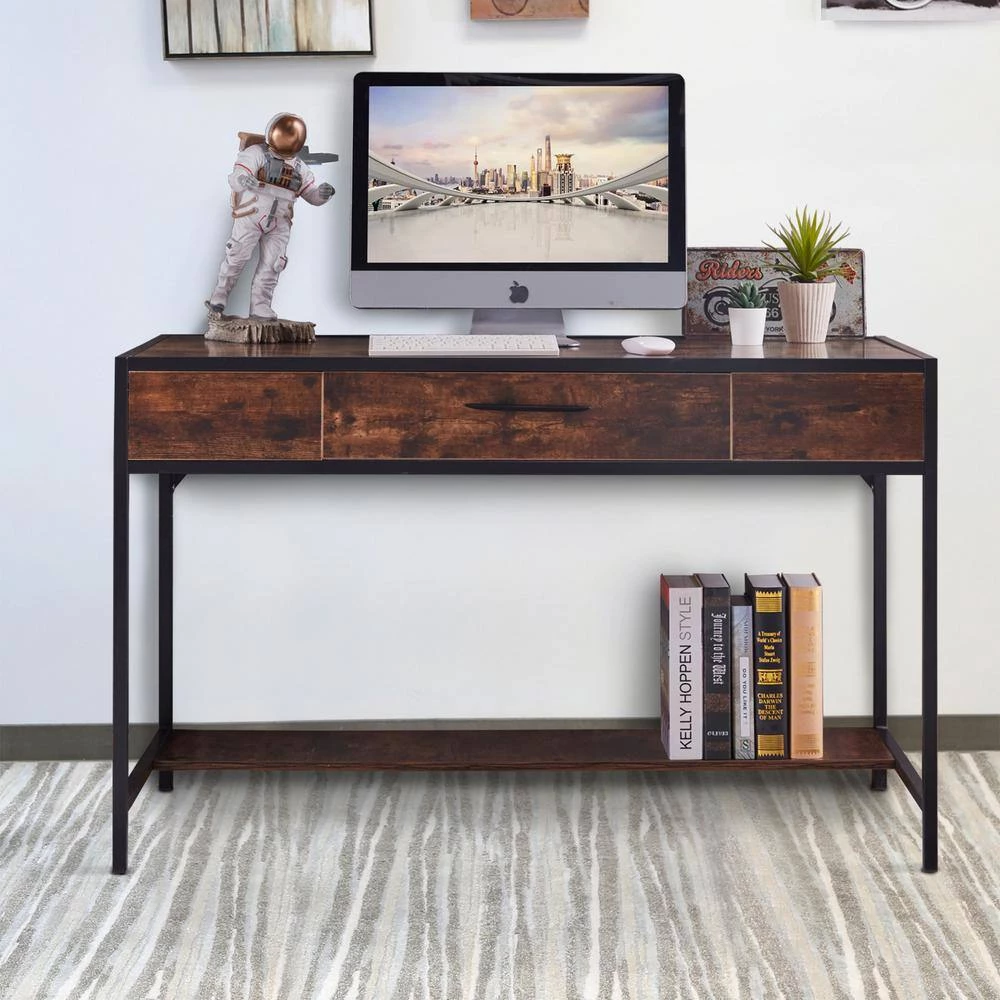 47 in. W Classic Rectangle Writing Desk Brown Wood 1-Drawer Executive Desk with Storage by sumyeg 4 47 in. W Classic Rectangle Writing Desk Brown Wood 1-Drawer Executive Desk with Storage by sumyeg - Image 2