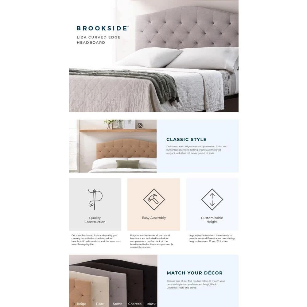 Liza Curved Edge Gray Stone Upholstered King Headboard with Buttonless Diamond Tufting by Brookside 5 Liza Curved Edge Gray Stone Upholstered King Headboard with Buttonless Diamond Tufting by Brookside - Image 3