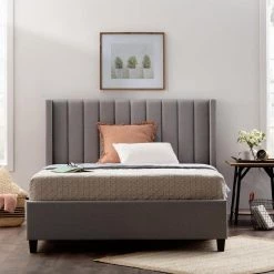 Adele Gray Stone Upholstered Full Platform Bed Frame with a Vertical Channel Tufted Wingback Headboard by Brookside