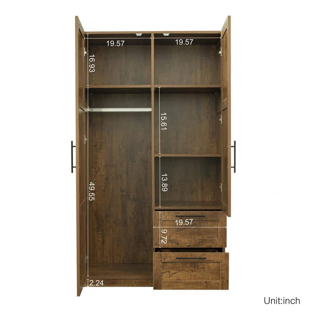 39.37 in. x 19.49 in. x 70.87 in. Walnut Wood Wardrobe Kitchen Cabinet Armoire with 2-Doors and 2-Drawers by sumyeg 6 39.37 in. x 19.49 in. x 70.87 in. Walnut Wood Wardrobe Kitchen Cabinet Armoire with 2-Doors and 2-Drawers by sumyeg - Image 4