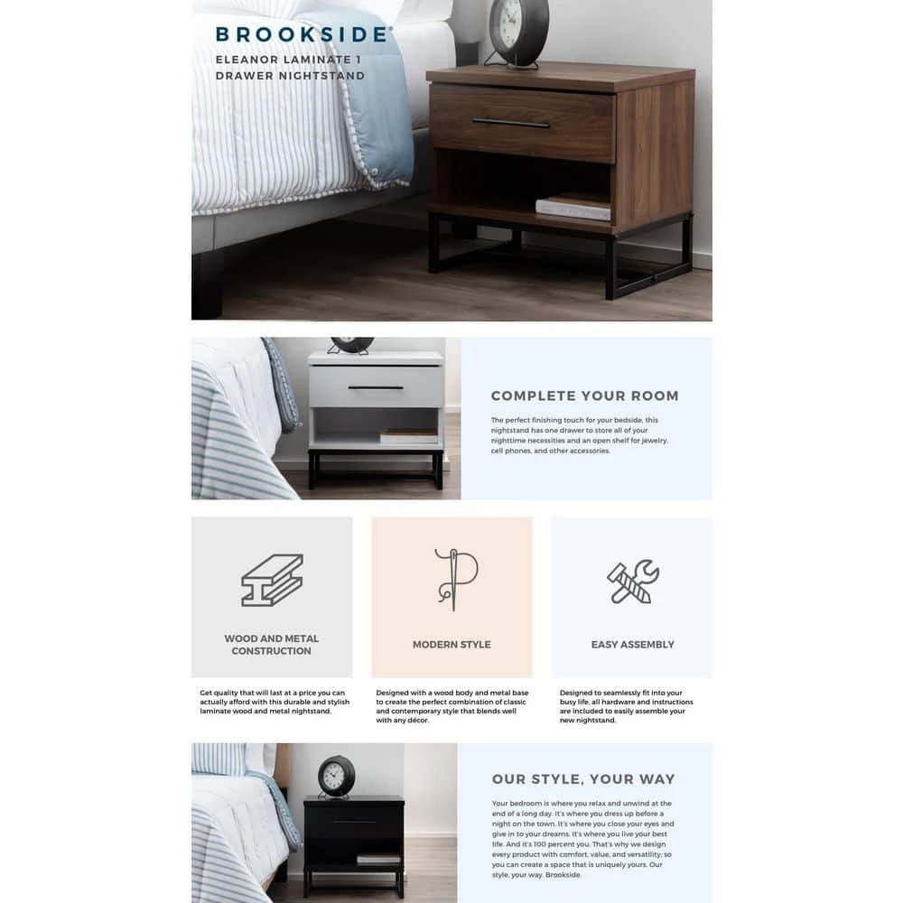 Eleanor 1-Drawer White Contemporary Nightstand 20 in. H x 20 in. W x 16 in. L by Brookside 6 Eleanor 1-Drawer White Contemporary Nightstand 20 in. H x 20 in. W x 16 in. L by Brookside - Image 4