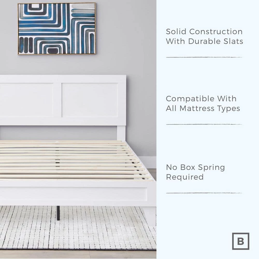 Penny White Wood Frame Queen Platform Bed with Double Framed Wood Headboard by Brookside 5 Penny White Wood Frame Queen Platform Bed with Double Framed Wood Headboard by Brookside - Image 3