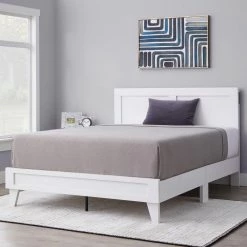Penny White Wood Frame Queen Platform Bed with Double Framed Wood Headboard by Brookside