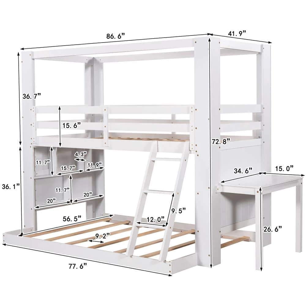 White Twin Over Full Reinforced Structure Solid Wood Bunk Beds with Desk Storage Shelves for Kids Teens by Polibi 5 White Twin Over Full Reinforced Structure Solid Wood Bunk Beds with Desk Storage Shelves for Kids Teens by Polibi - Image 3