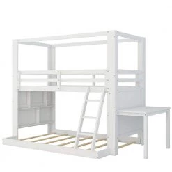 White Twin Over Full Reinforced Structure Solid Wood Bunk Beds with Desk Storage Shelves for Kids Teens by Polibi
