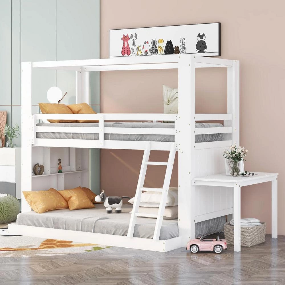 White Twin Over Full Reinforced Structure Solid Wood Bunk Beds with Desk Storage Shelves for Kids Teens by Polibi 4 White Twin Over Full Reinforced Structure Solid Wood Bunk Beds with Desk Storage Shelves for Kids Teens by Polibi - Image 2