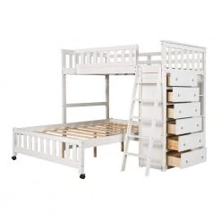 Wooden Twin Over Full Bunk Bed in White With 6 Drawers And Flexible Shelves by Polibi