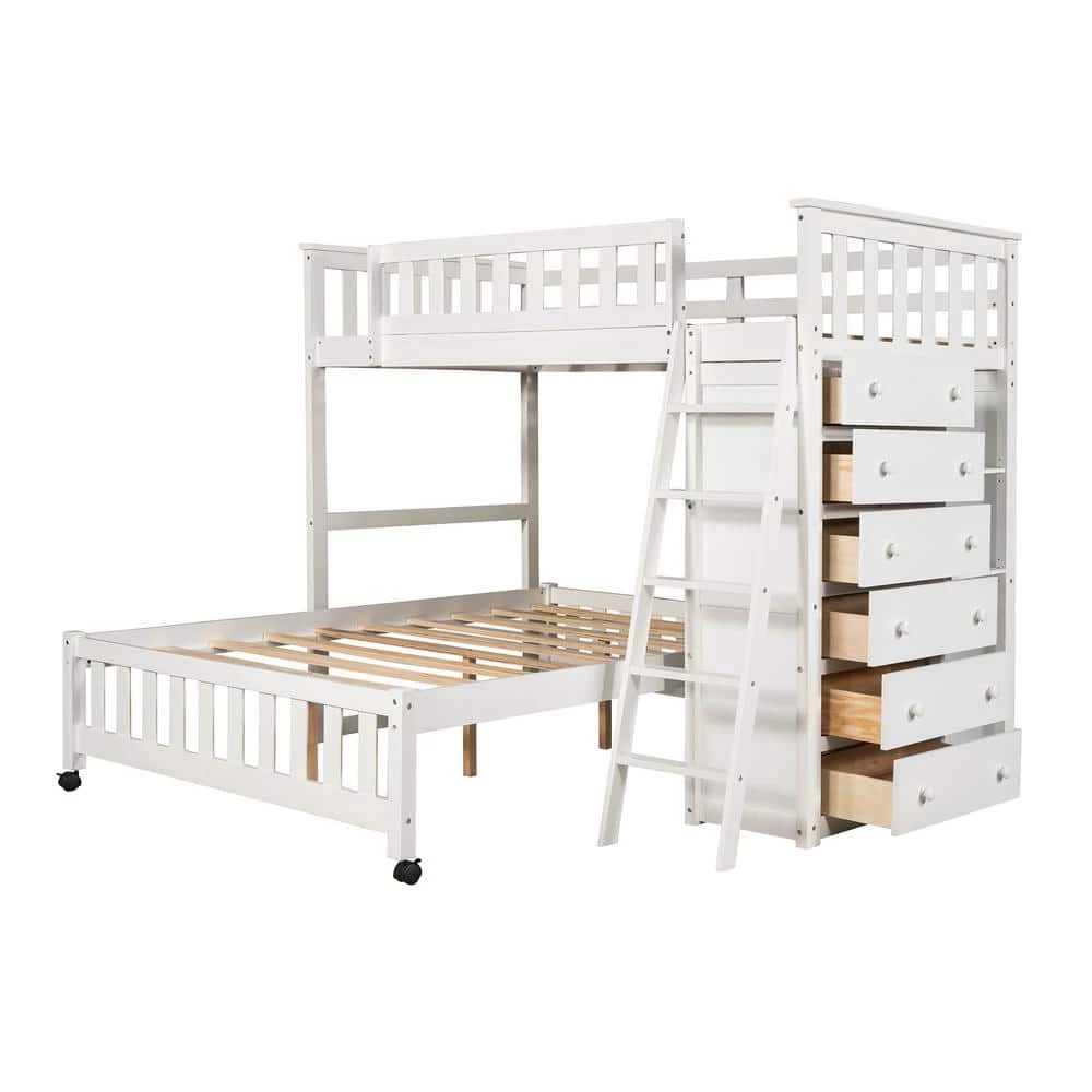 Wooden Twin Over Full Bunk Bed in White With 6 Drawers And Flexible Shelves by Polibi 3 Wooden Twin Over Full Bunk Bed in White With 6 Drawers And Flexible Shelves by Polibi