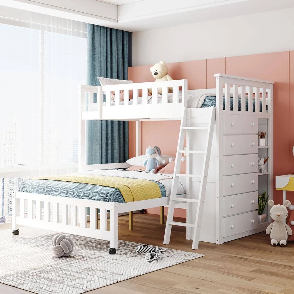 Wooden Twin Over Full Bunk Bed in White With 6 Drawers And Flexible Shelves by Polibi 4 Wooden Twin Over Full Bunk Bed in White With 6 Drawers And Flexible Shelves by Polibi - Image 2