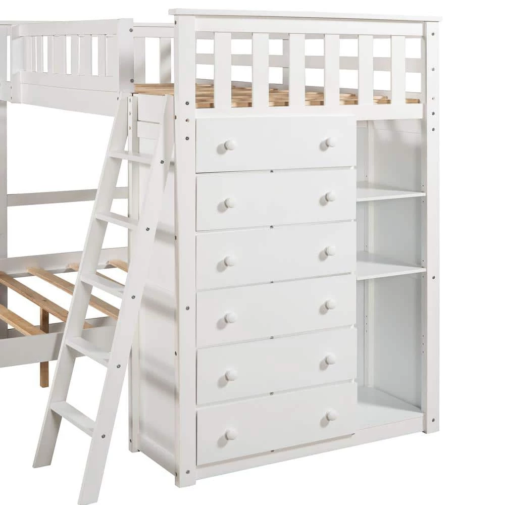 Wooden Twin Over Full Bunk Bed in White With 6 Drawers And Flexible Shelves by Polibi 11 Wooden Twin Over Full Bunk Bed in White With 6 Drawers And Flexible Shelves by Polibi - Image 9