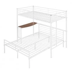 Twin Over Full Metal Bunk Bed in White with Desk, Ladder and Quality Slats by Polibi