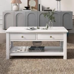 41.70 in. White Rectangle Wood Coffee Table With 2 drawers for Living room by Polibi -Cheap sumyeg Store white polibi coffee tables rs 417wrct 31 1000